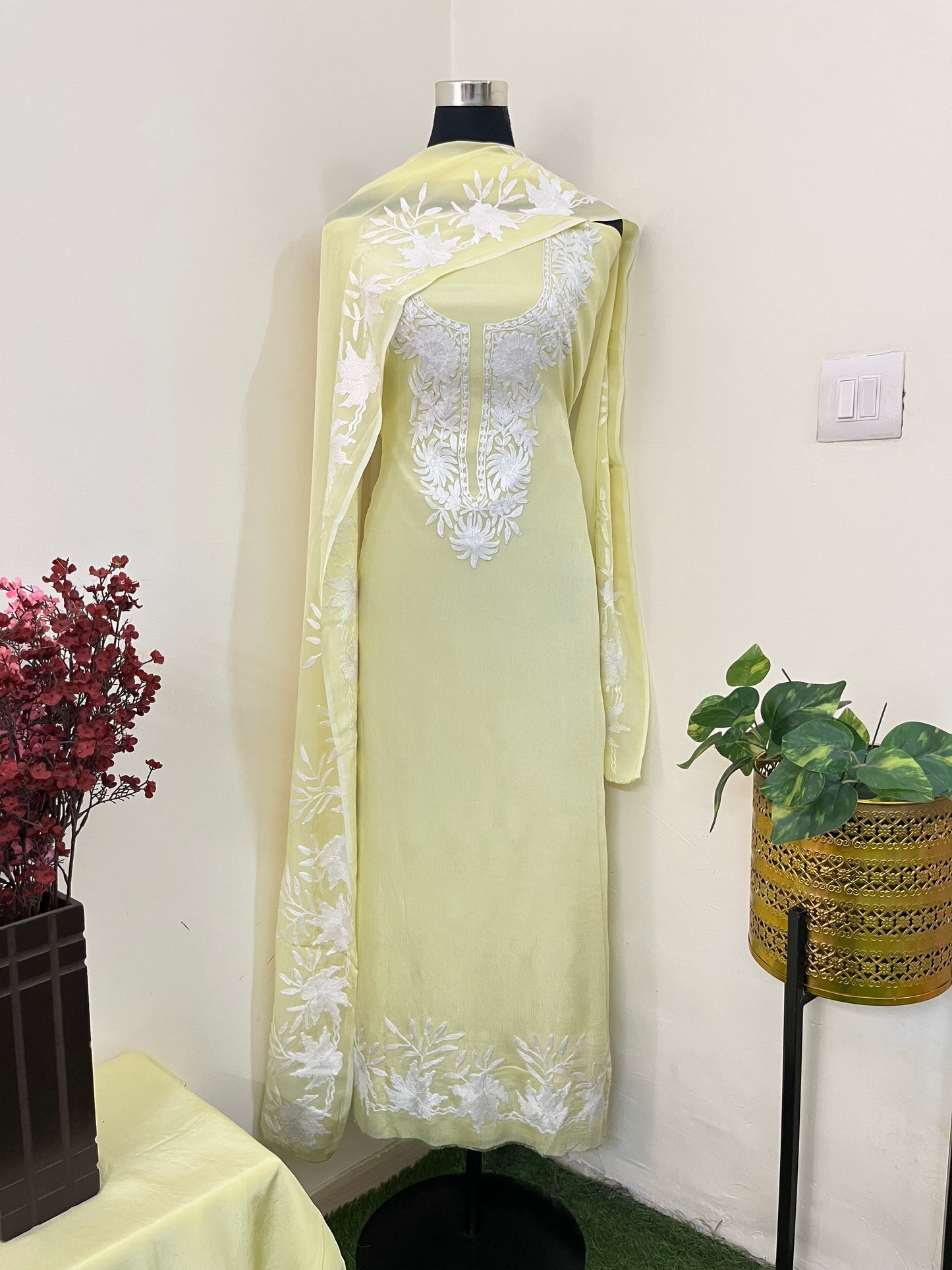 Lemon Yellow Chinon 3 Pc Aari Embroidered Suit