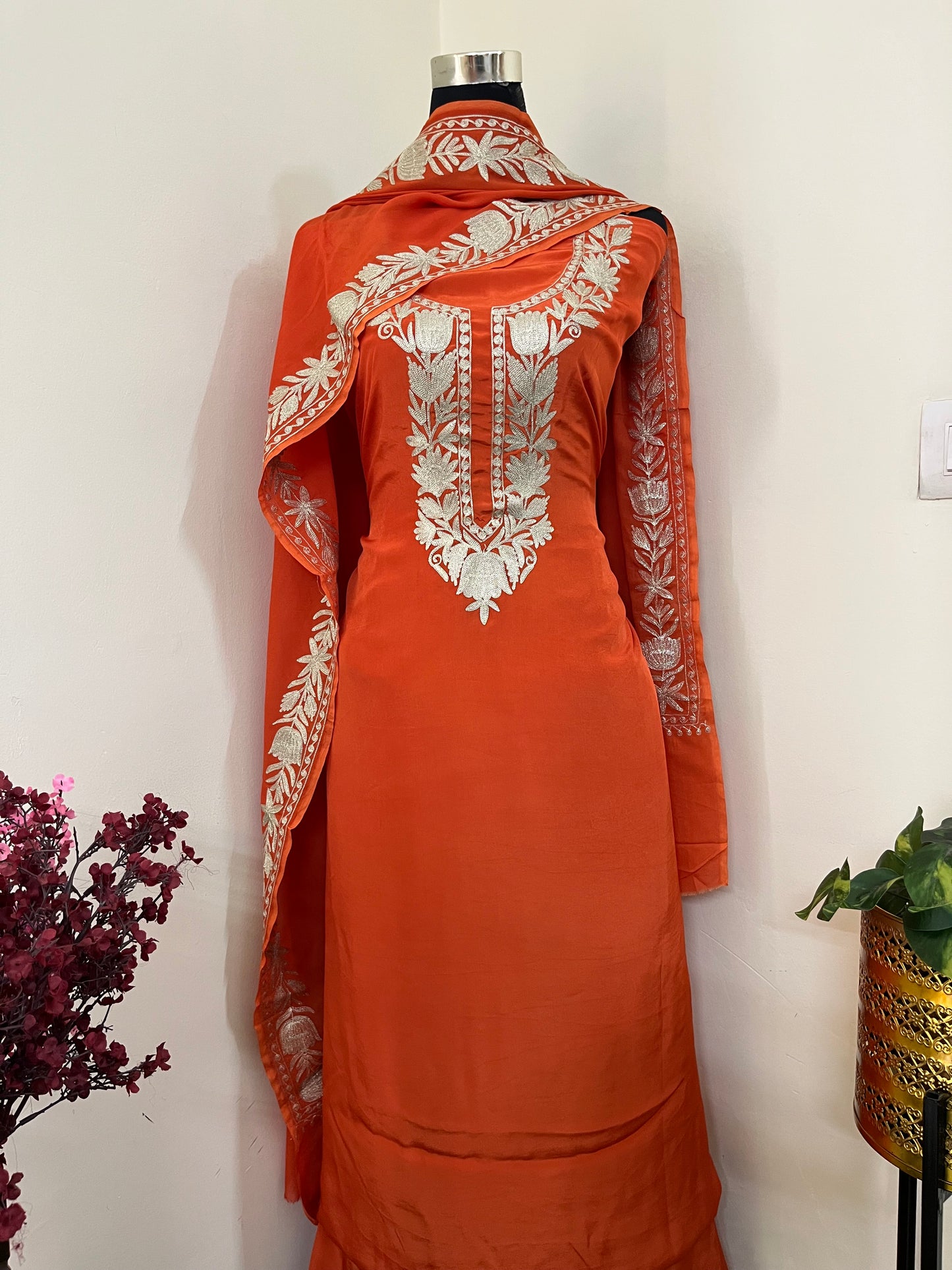 Kalaa’ Orange Crape Kashmiri Suit