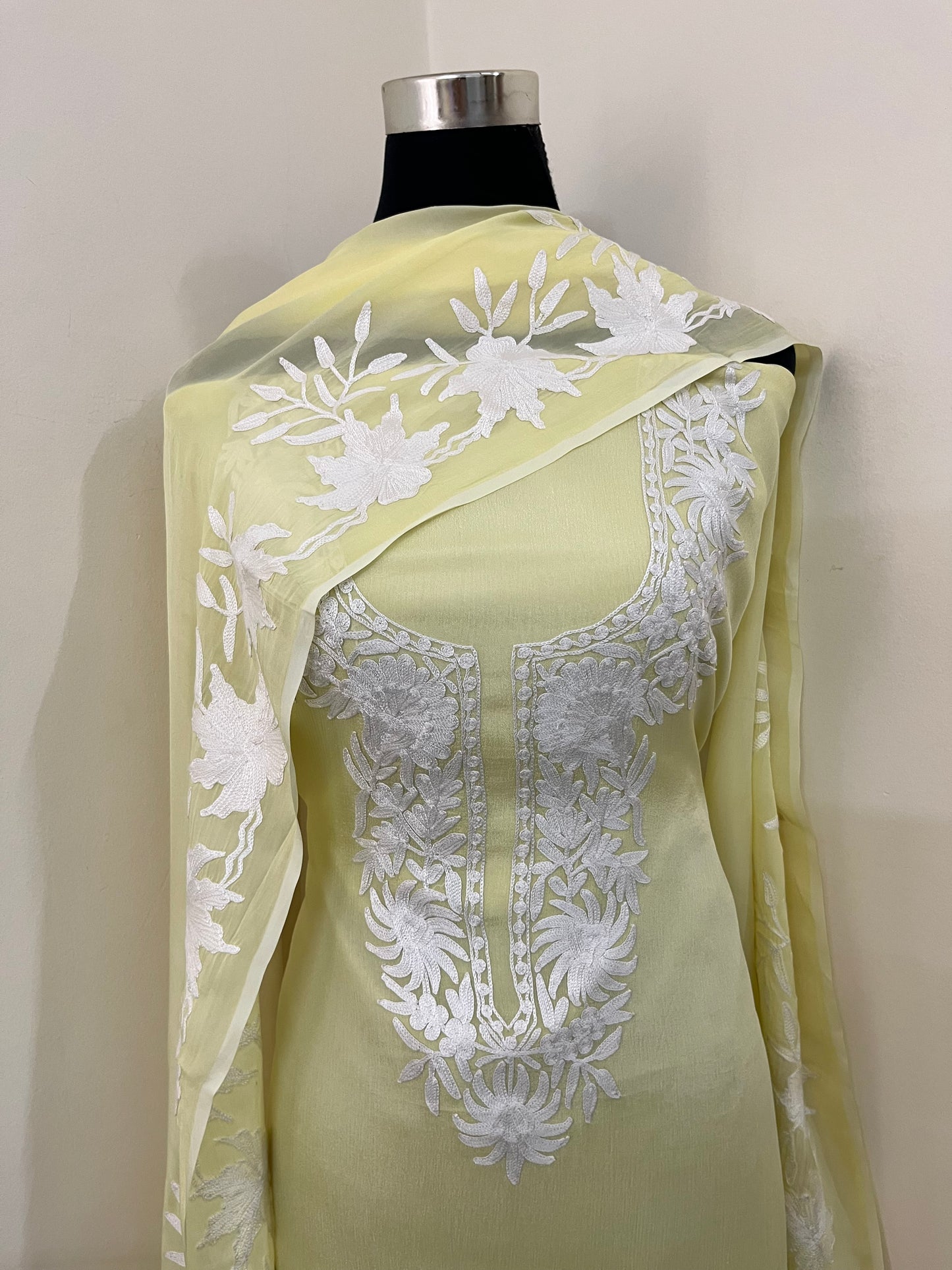 Lemon Yellow Chinon 3 Pc Aari Embroidered Suit