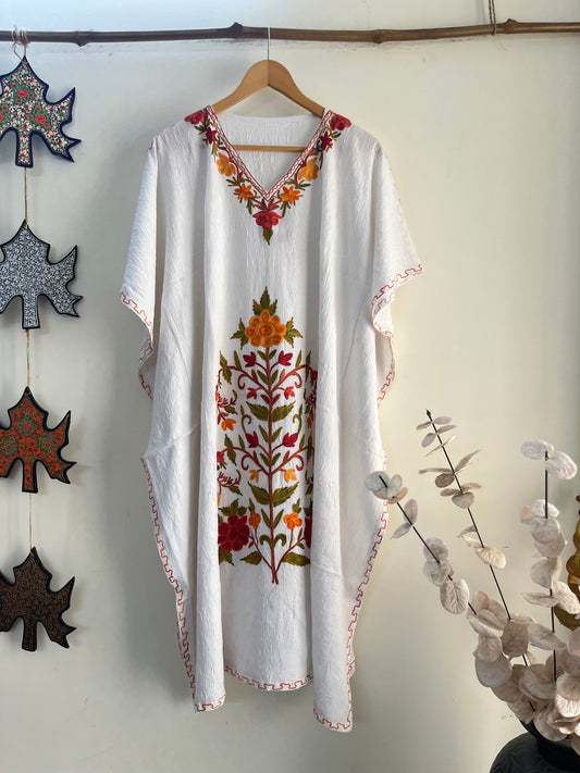 Crush Cotton White Aari embroidered Kaftan