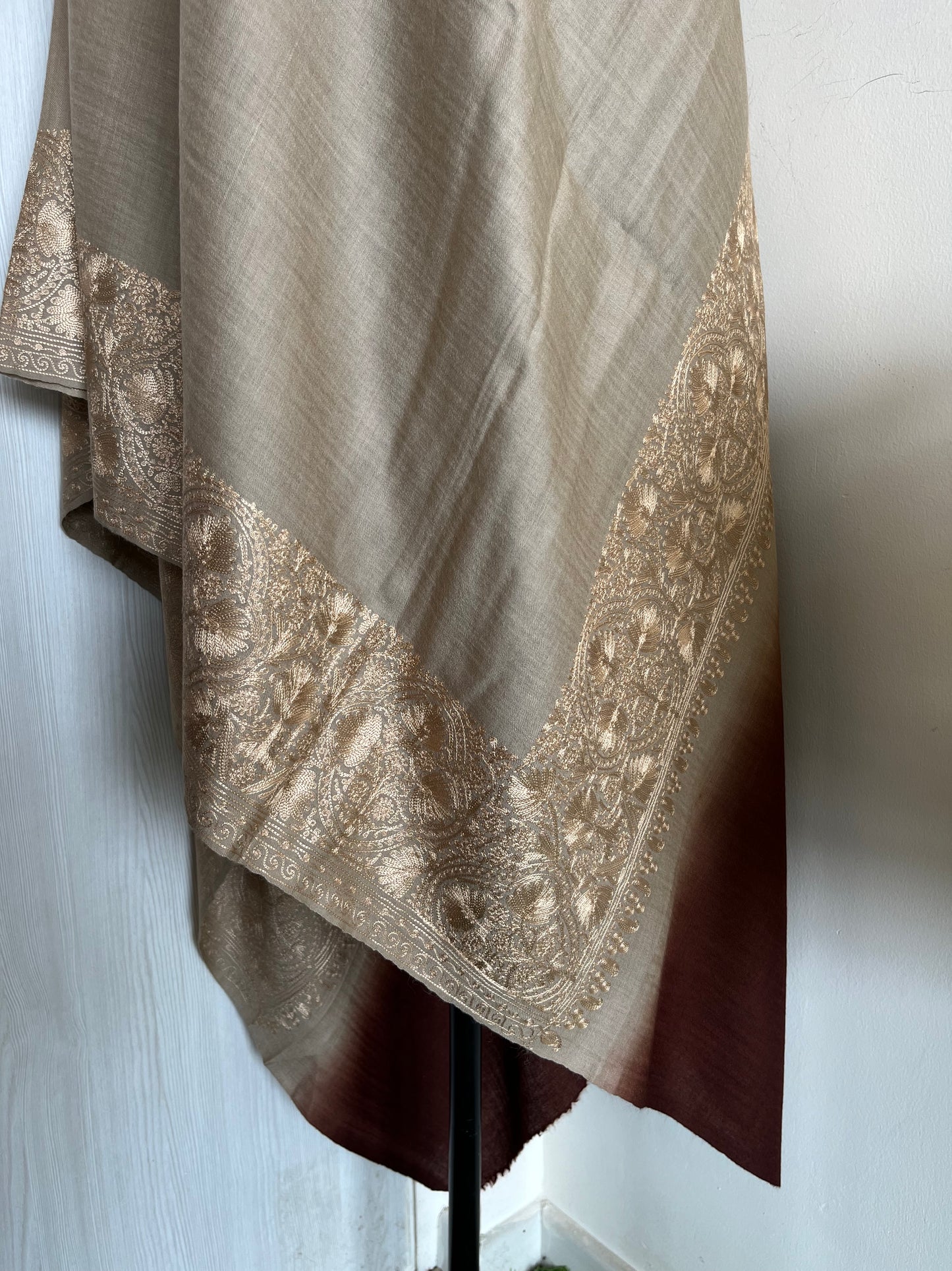 Beige Brown Silk Thread Border Embroidered Fine Semi Pashmina stole