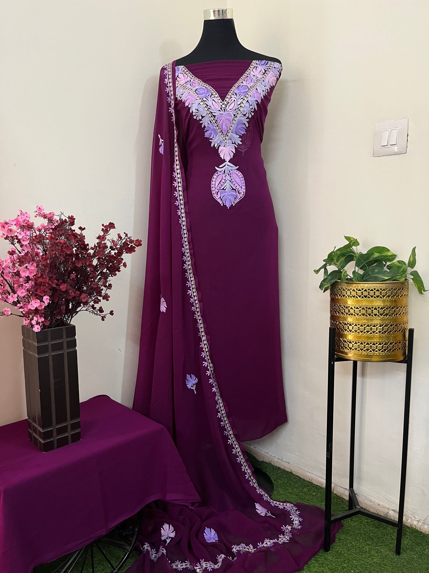 Wine Georgette 3 Pc Aari Embroidered Suit Set
