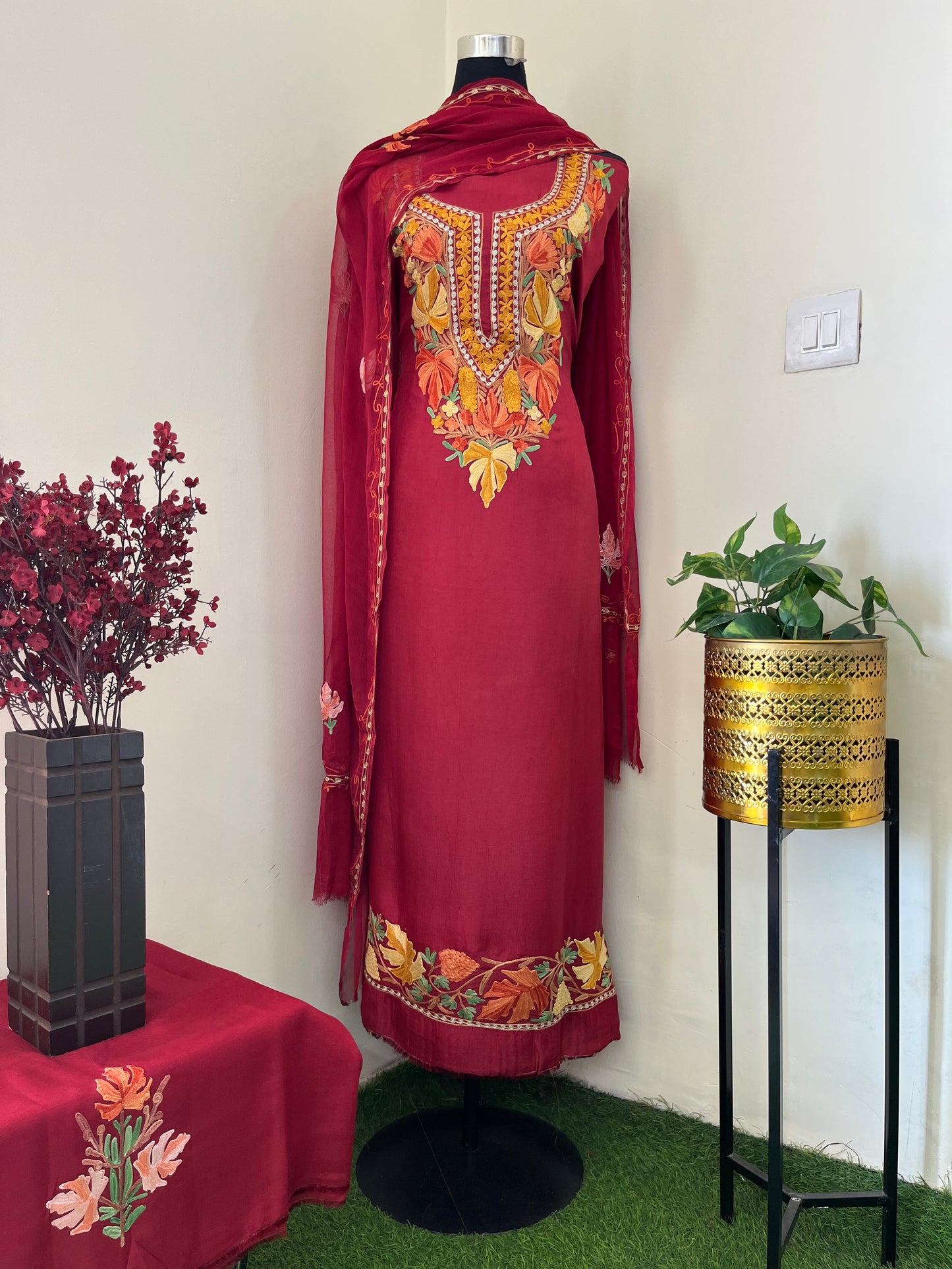 Maroon Opada Silk Aari Embroidered Suit material