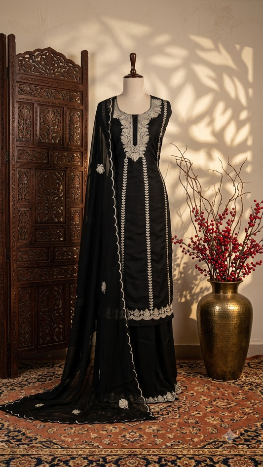 Black Sanamโ Silk Tilla Kashmiri Suit