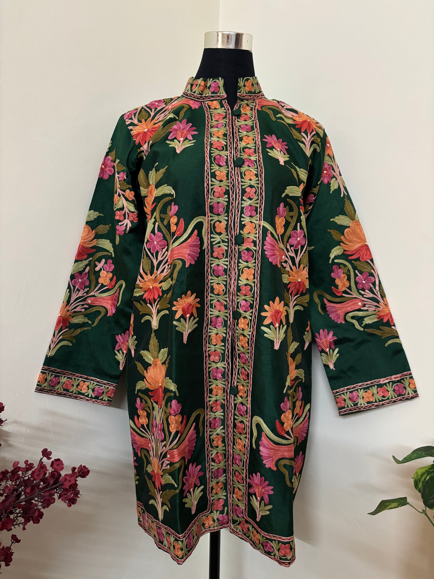 Bottle Green Aari Embroidered Silk Jacket ‘L’
