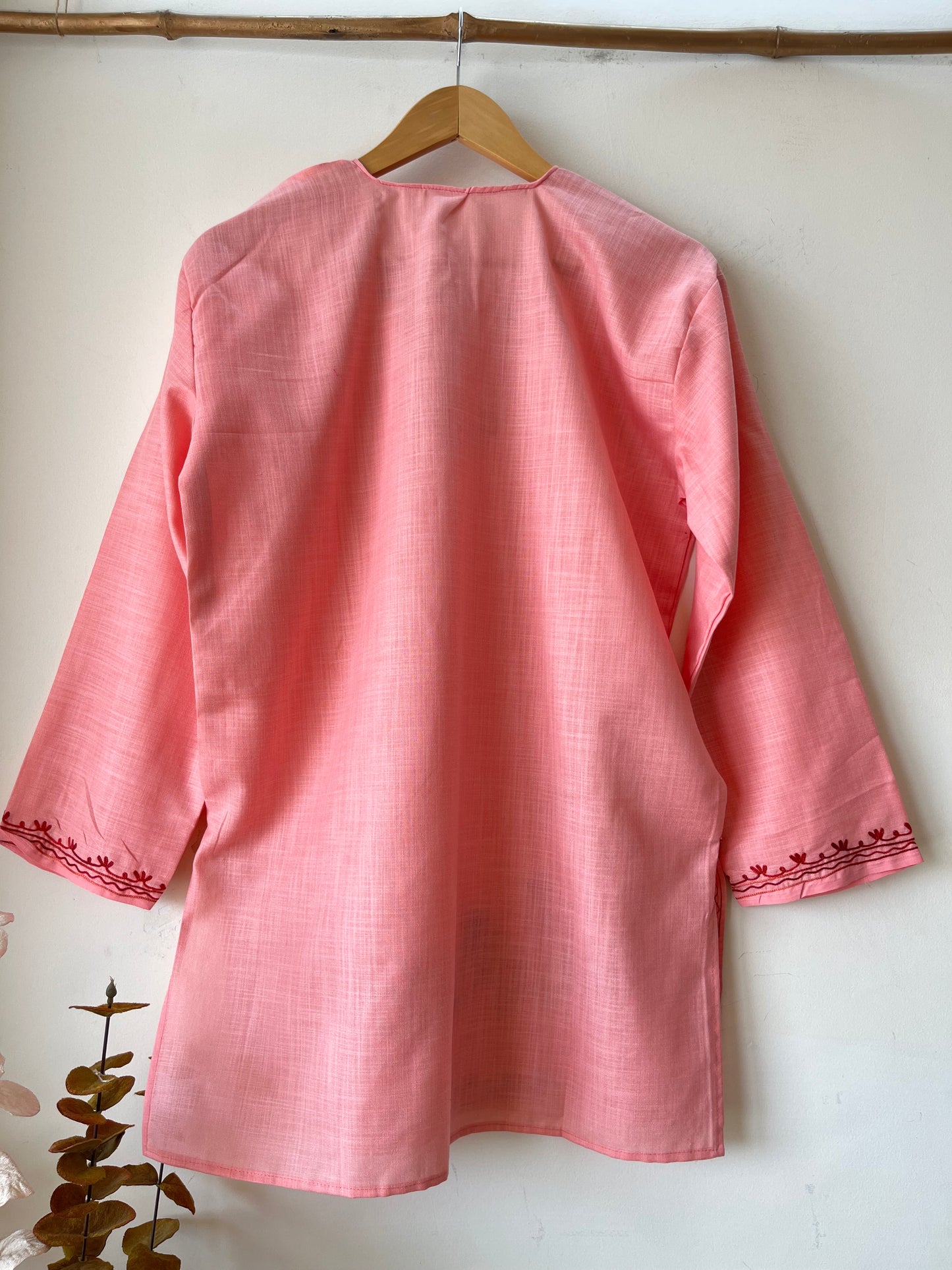 Peach Pink Cotton Aari Work Kurta