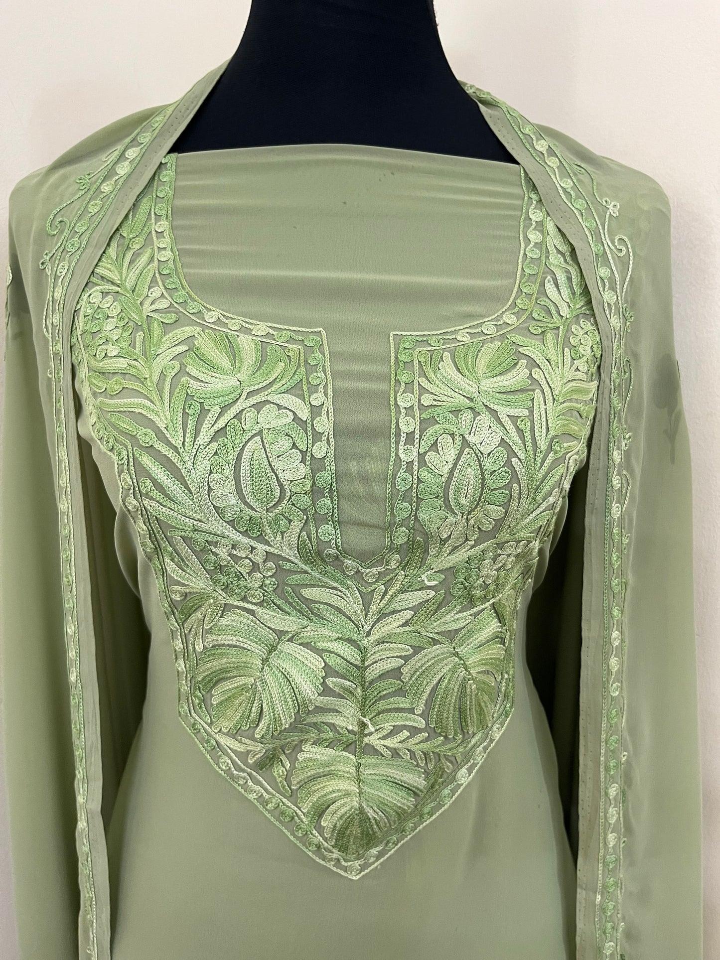 Tea green Georgette 3 Pc Aari Embroidered Suit Set