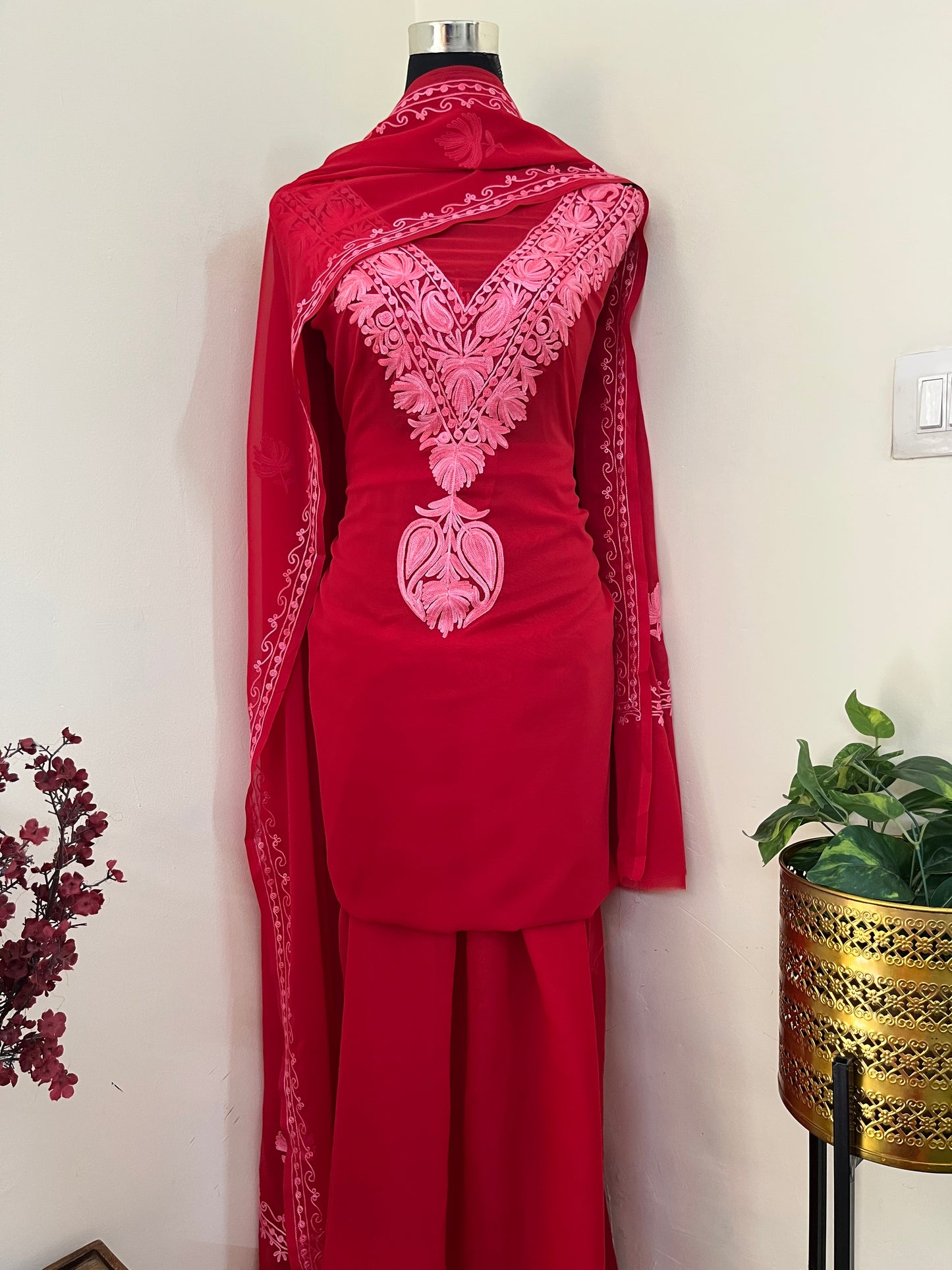 Red Georgette Red 3 Pc Aari Embroidered Suit Set
