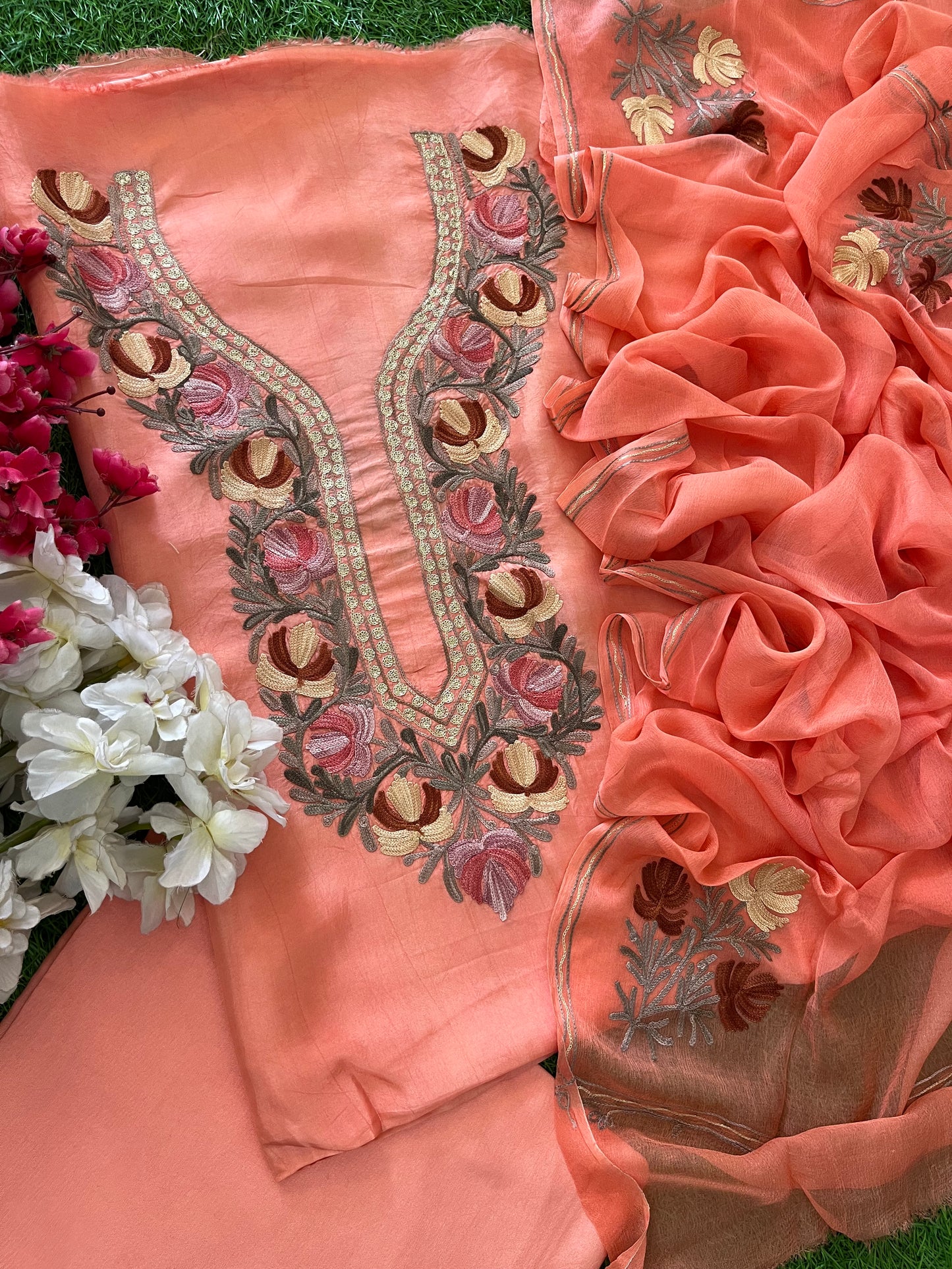 Peach Opada Silk Aari Embroidered Suit material