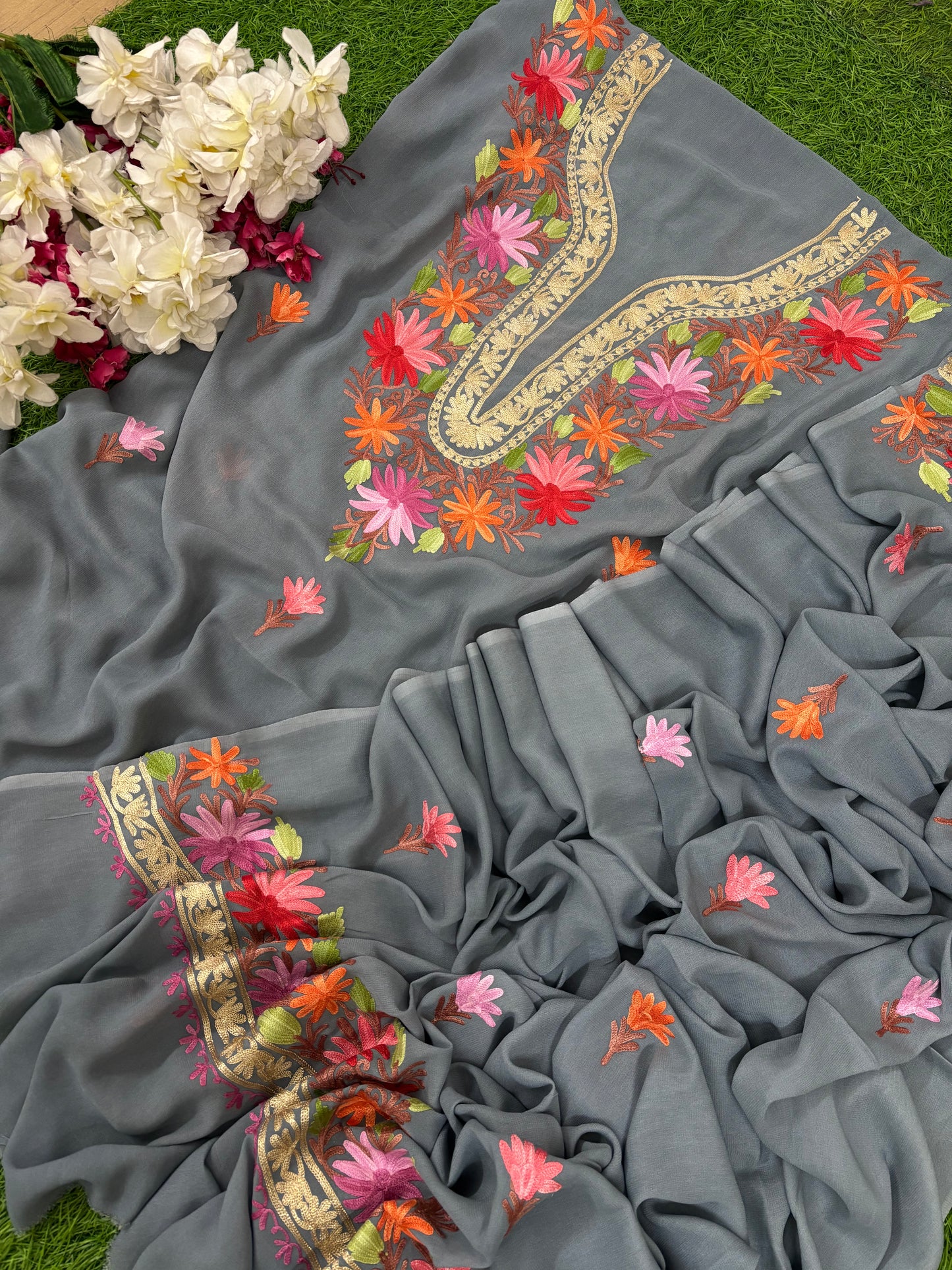 Grey Pure Georgette Kashmiri Suit