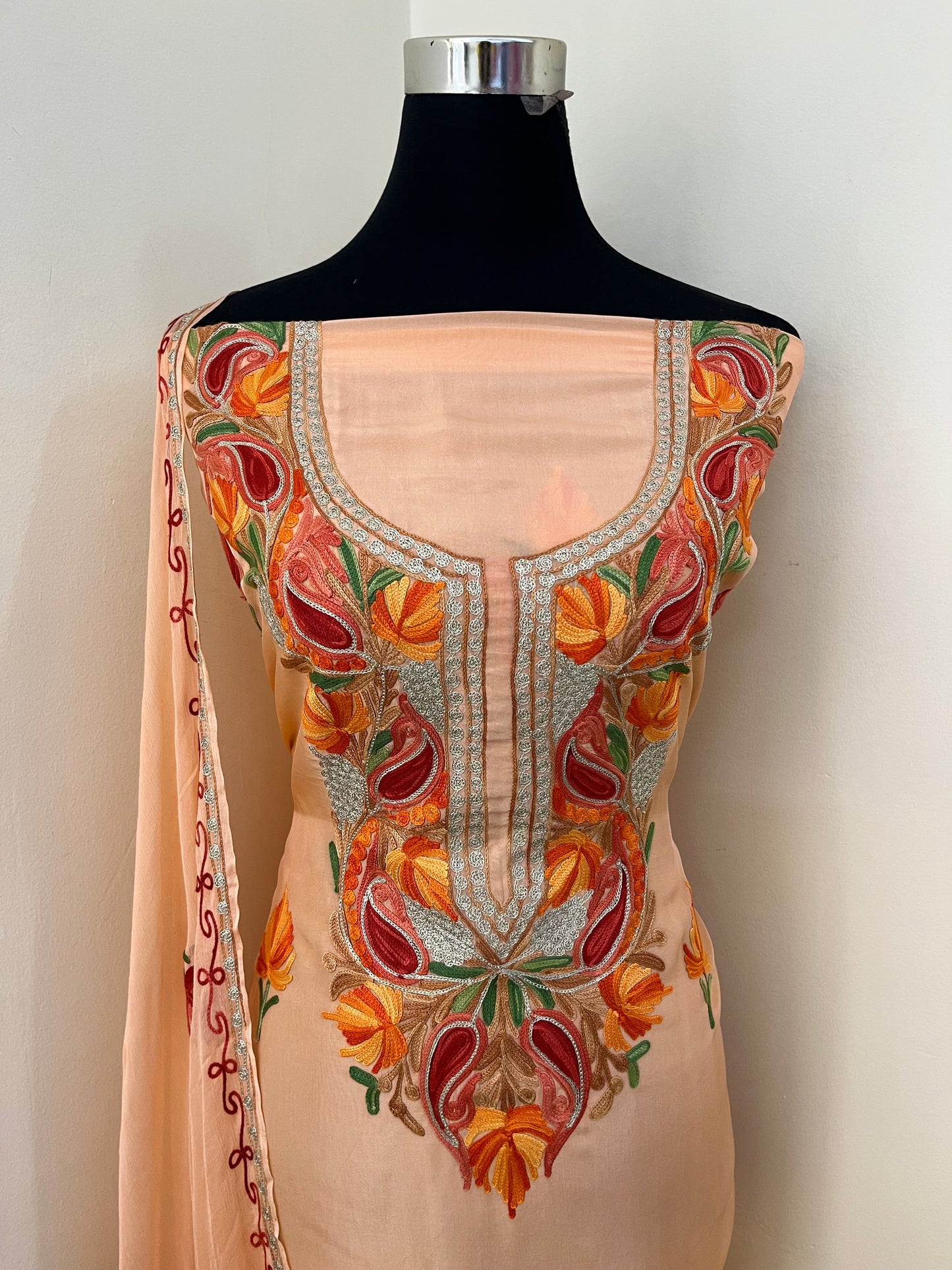 Peach Opada Silk Kashmiri Suit