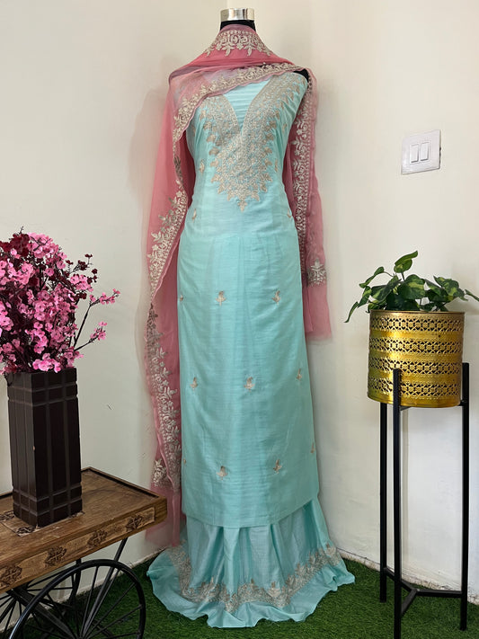 Sky Blue Chanderi Silk Kashmiri Suit