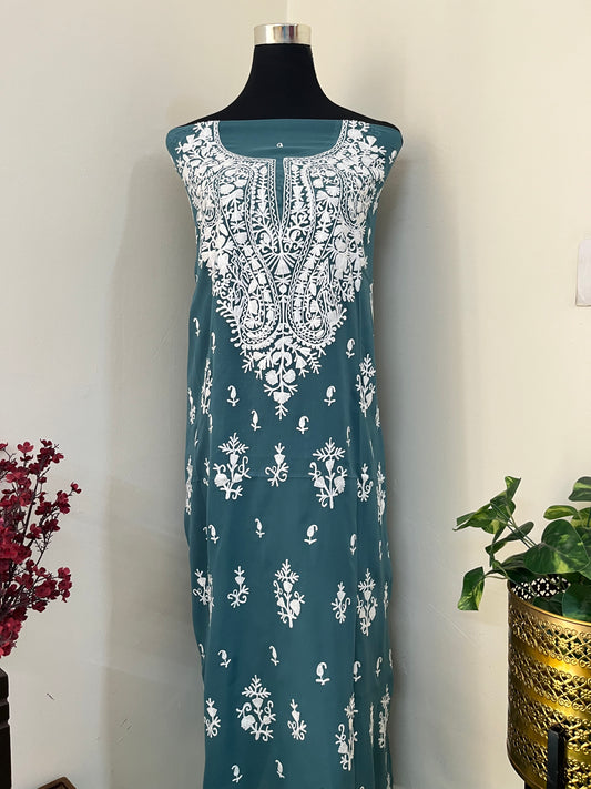 Teal Green Georgette Kashmiri Unstitched Kurta Material