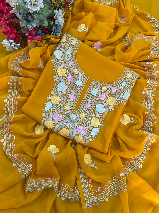 Mustard Georgette 3 Pc Aari Embroidered Suit Set