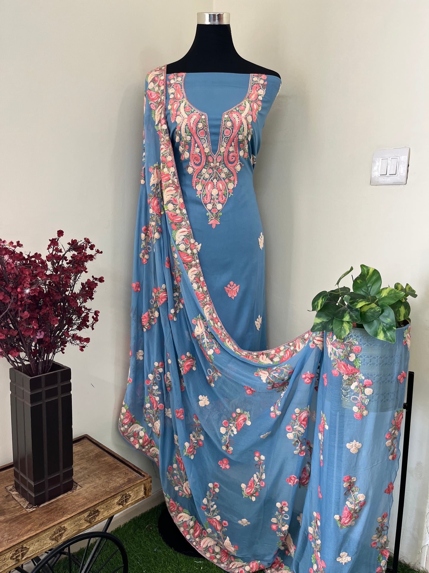 English Grey Rayon Cotton Kashmiri 3pc set