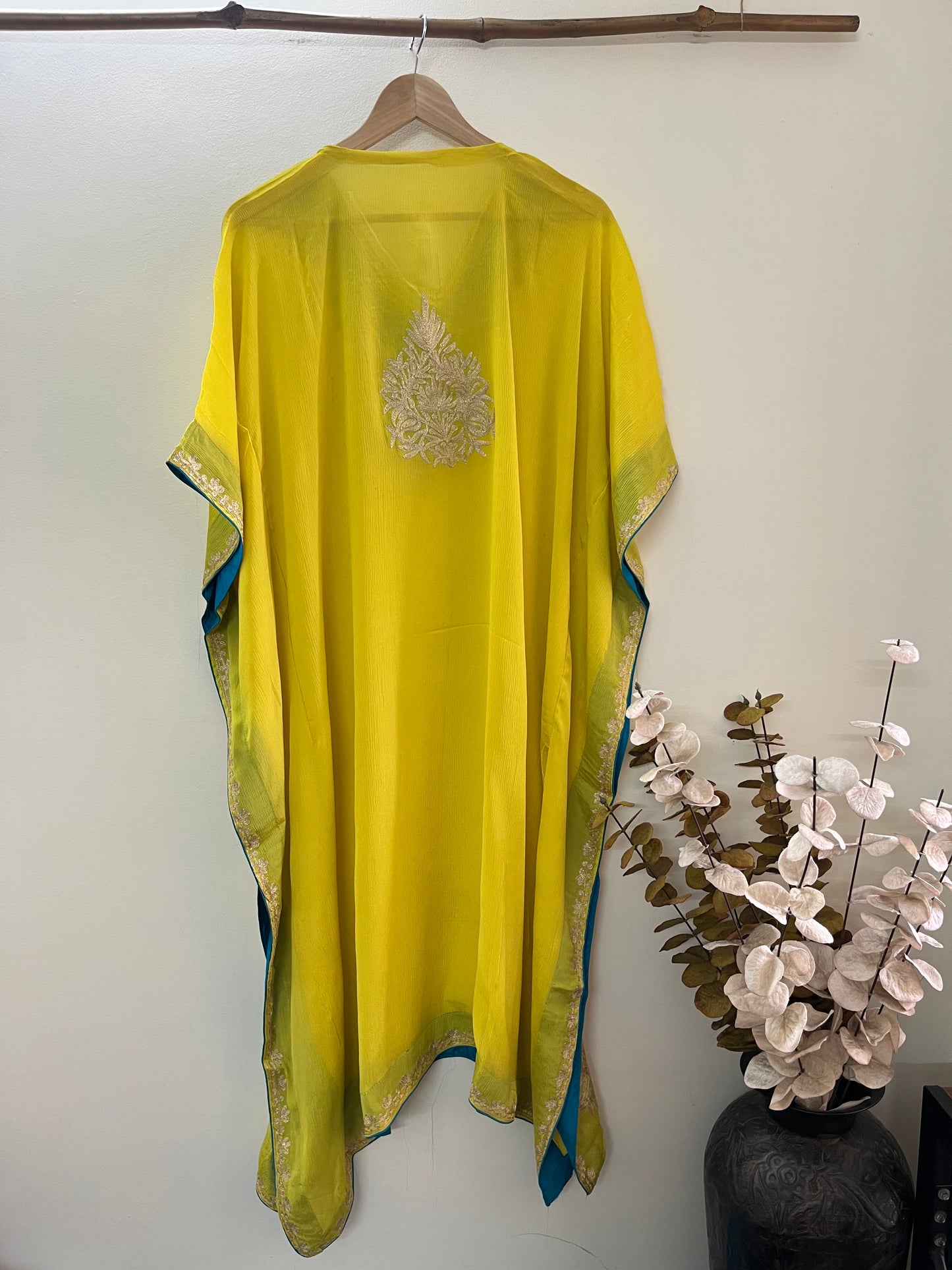 Golden Yellow Pure Chiffon Kashmiri Kaftan