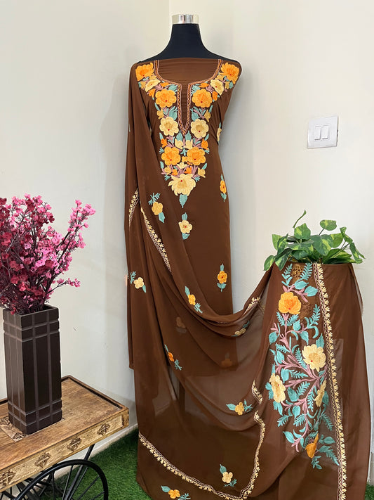 Coffee Georgette 3 Pc Aari Embroidered Suit