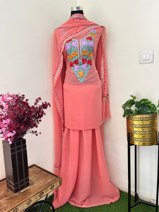Pink Georgette 3 Pc Aari Embroidered Suit Set