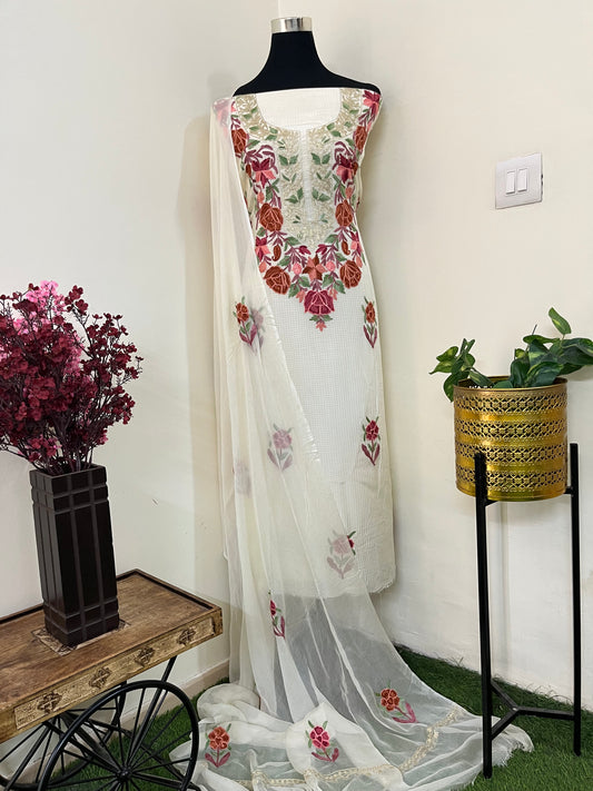 Kalaa’ Ivory Check Satin Cotton Kashmiri Suit