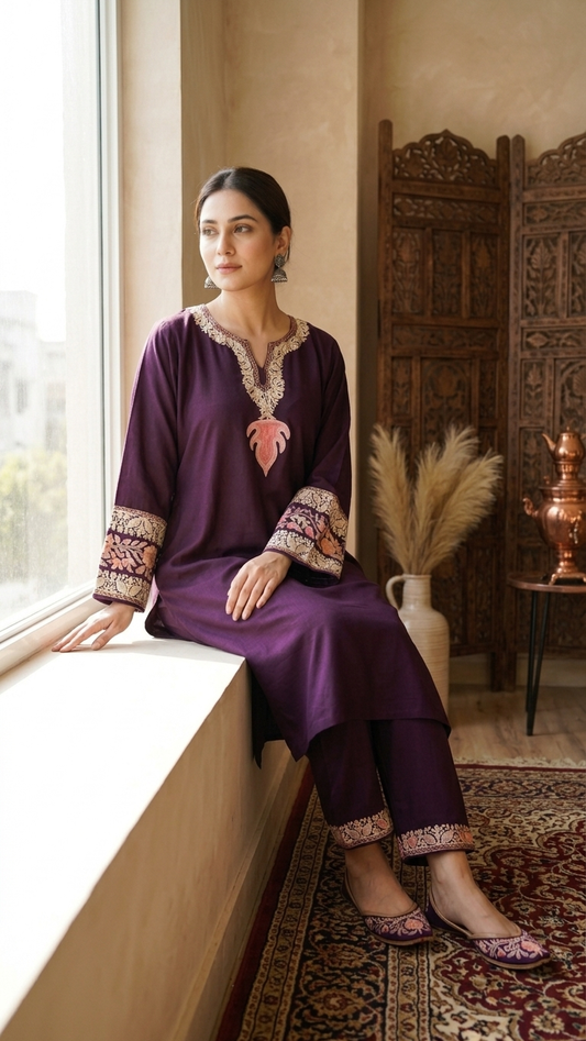 Wine Cotton Embroidered Co-ord Set