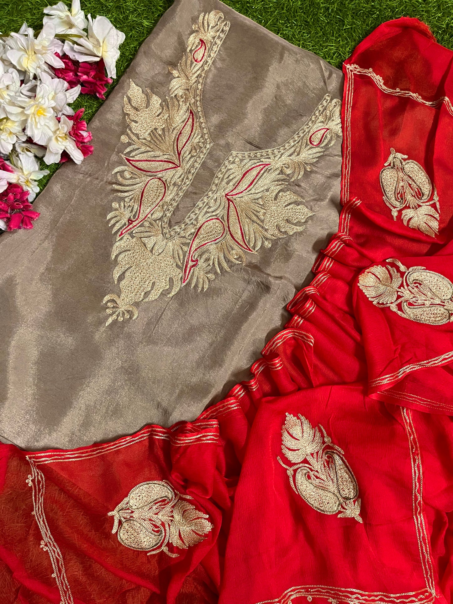 Golden Beige Silk Aari Tilla Fusion Suit