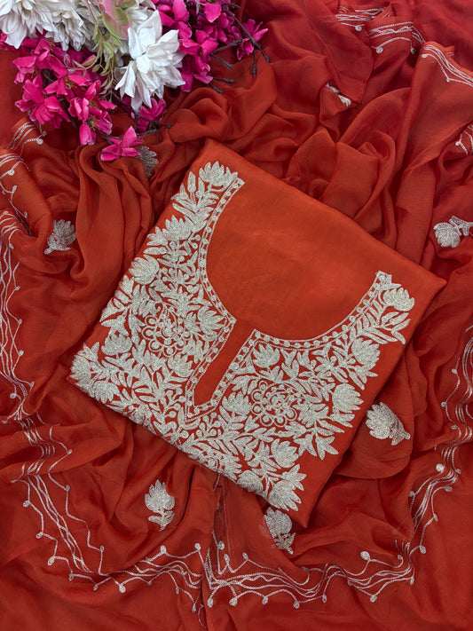 Rust Orange Silk Tilla Kashmiri Suit