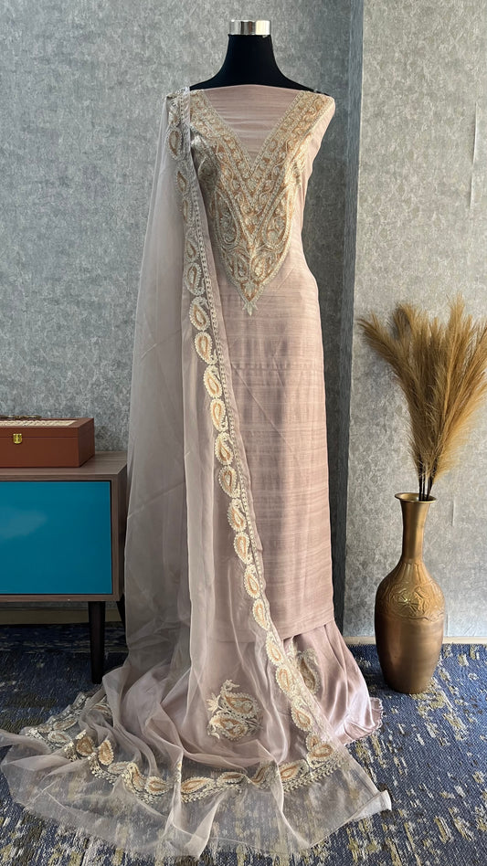 Beige Silk Kashmiri Suit