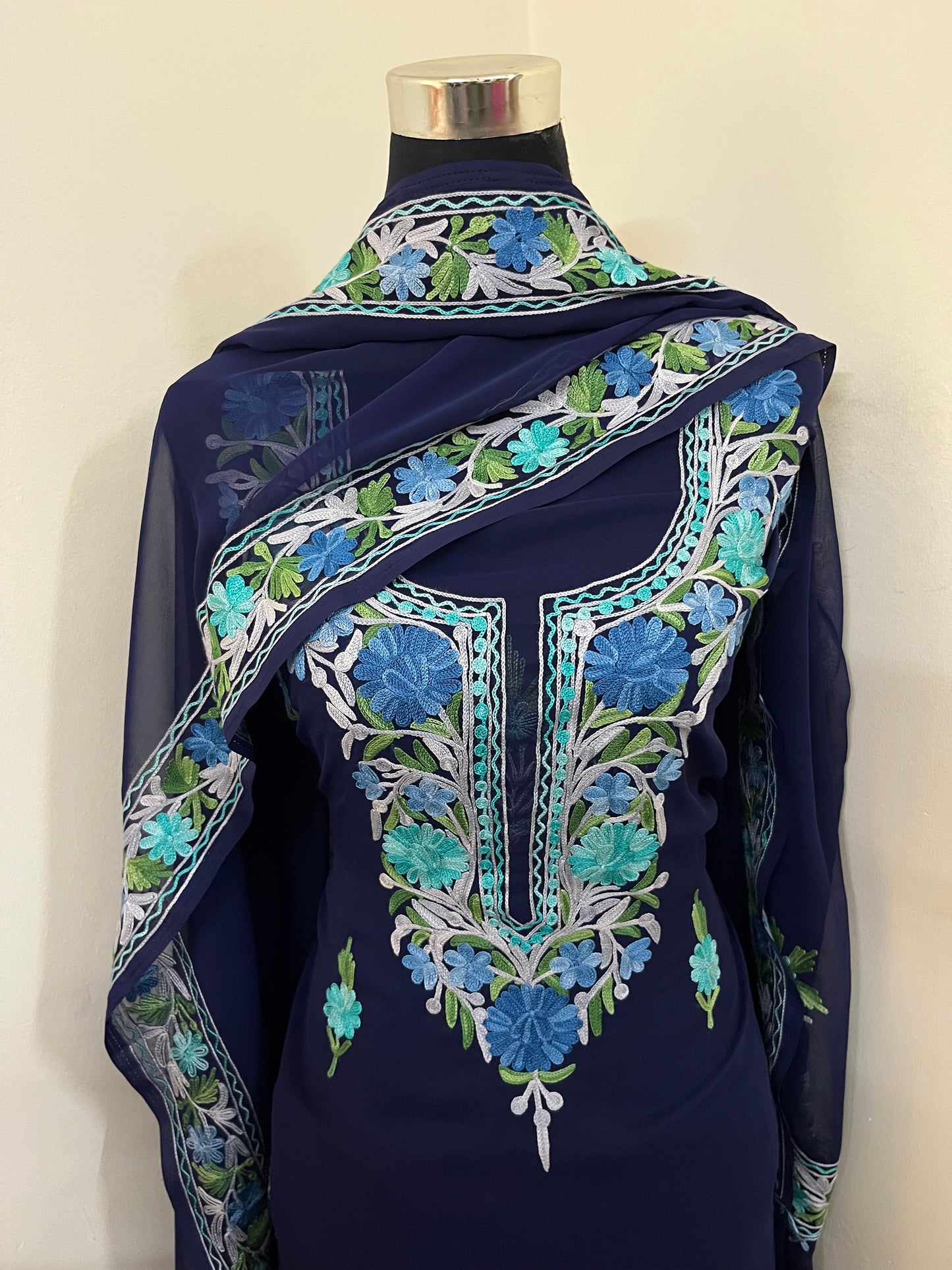 Blue Georgette 3 Pc Aari Embroidered Suit Set