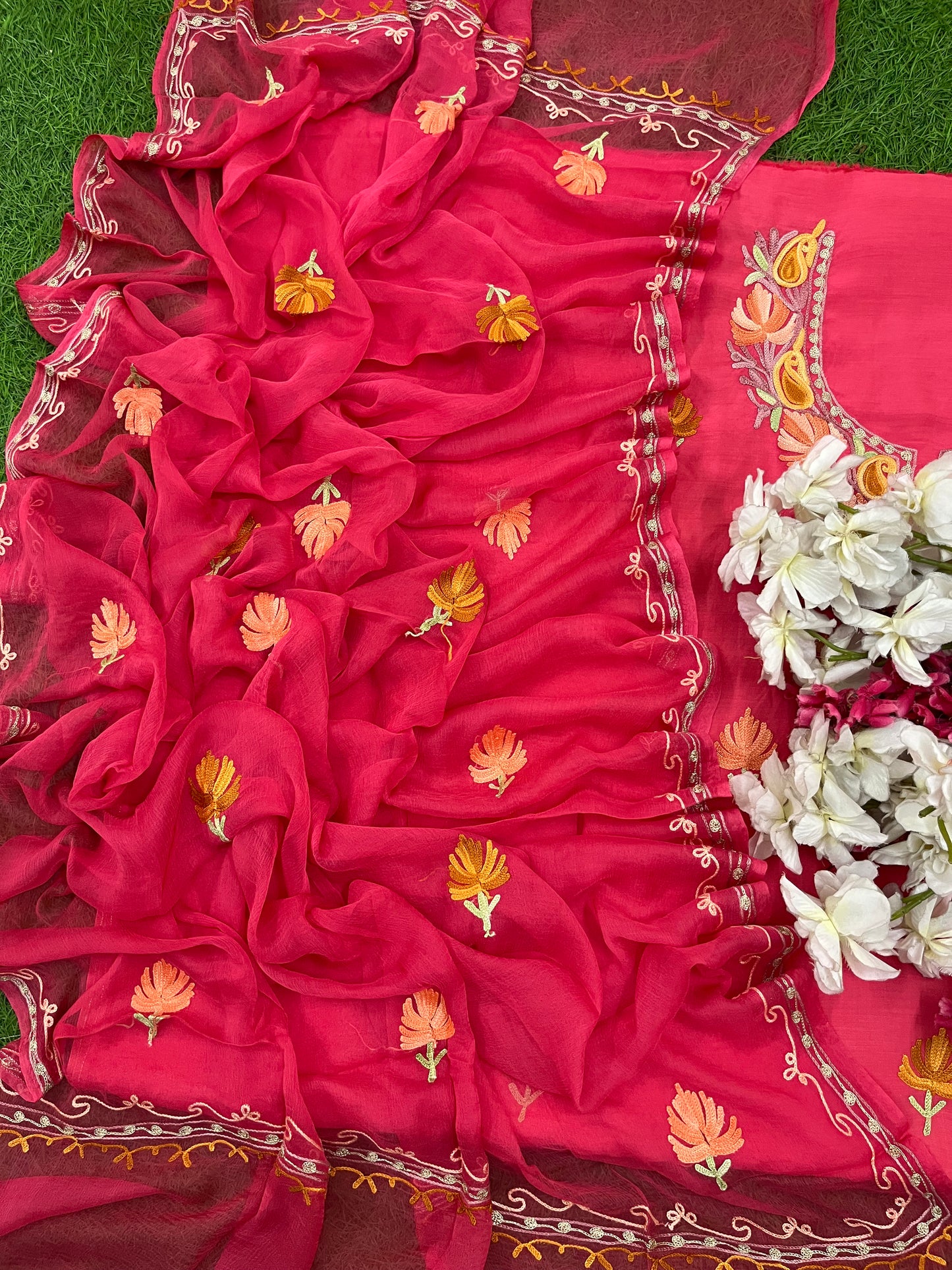 Carrot Red Muslin Cotton Jaal Sleeves Kashmiri 3pc Suit