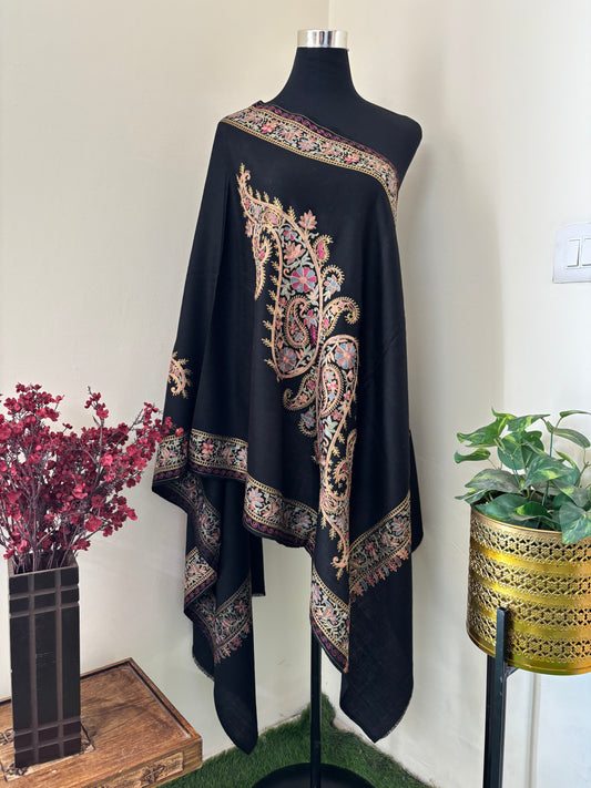 Black Silk Thread Ambi Aangan Embroidered Fine Semi Pashmina stole
