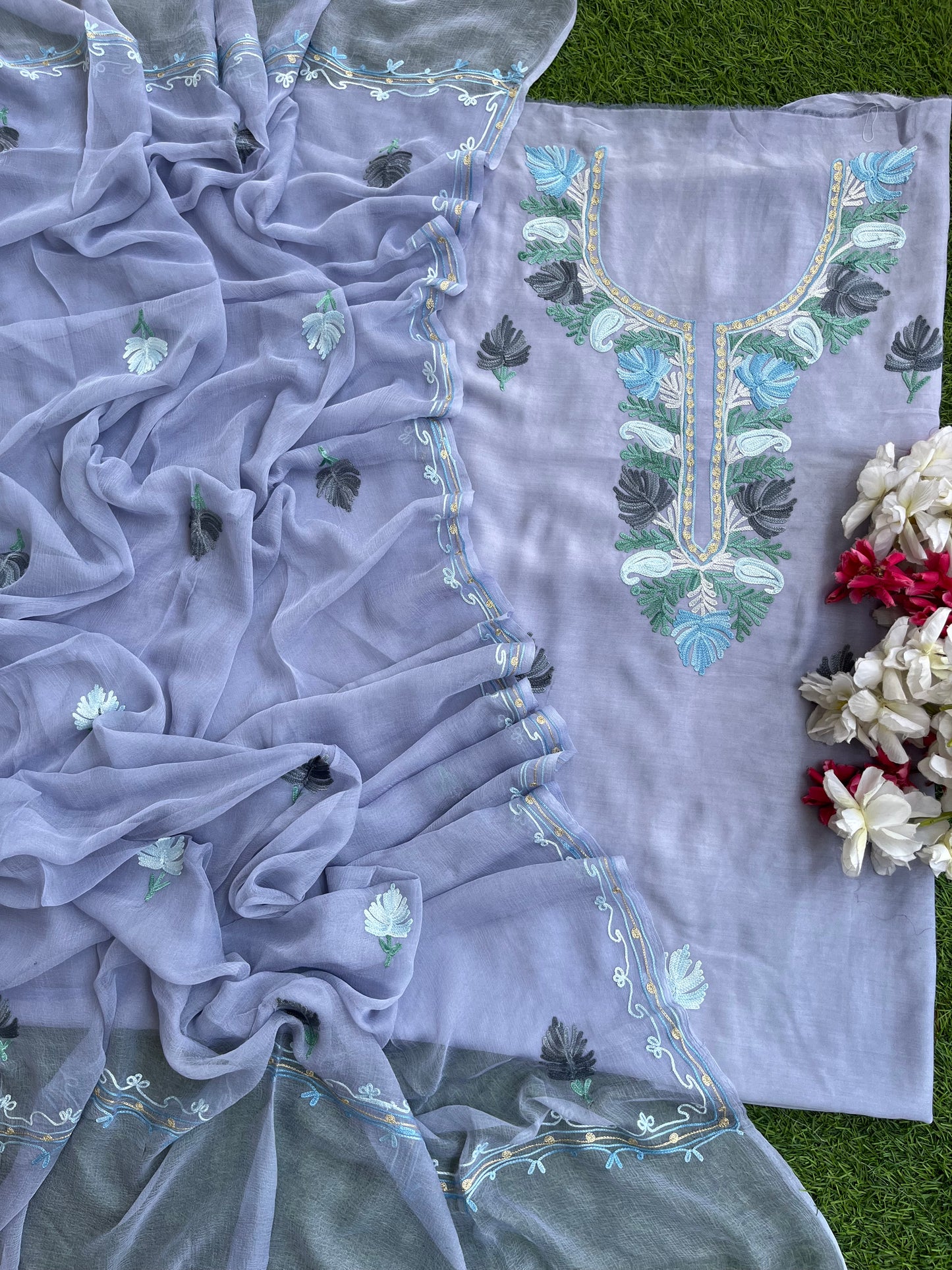 English Grey Muslin Cotton Jaal Sleeves Kashmiri 3pc Suit