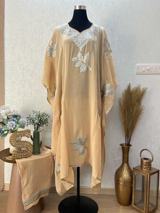Beige Crape Kashmiri Kaftan Set