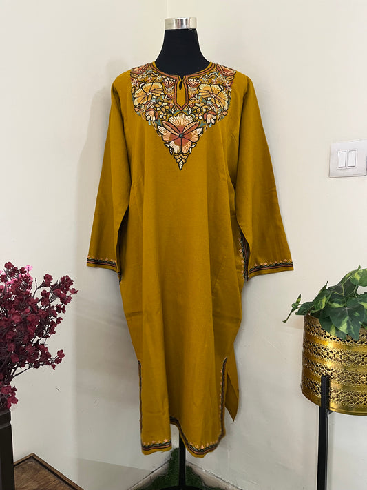 Mustard Yellow Aari Hand Embroidered Pure Wool Pheran