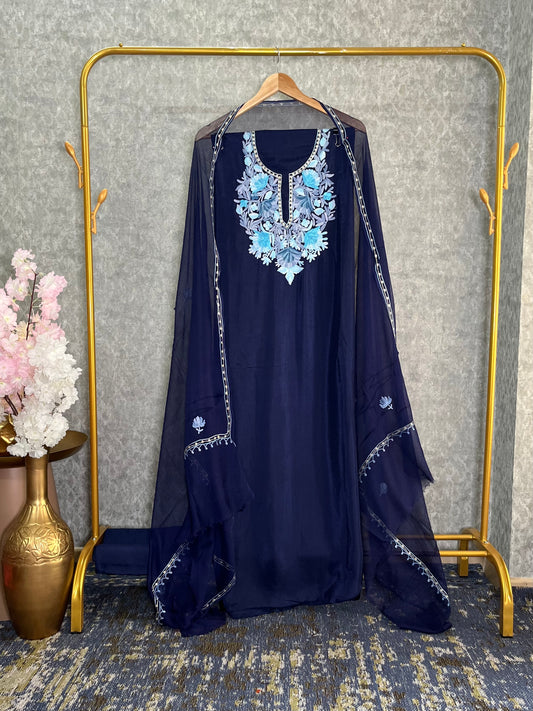Navy Blue Opada Silk Kashmiri Suit