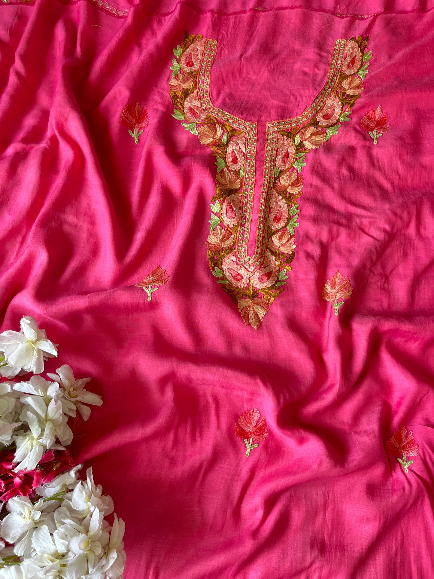 Pink Muslin Cotton Jaal Sleeves Kashmiri 3pc Suit