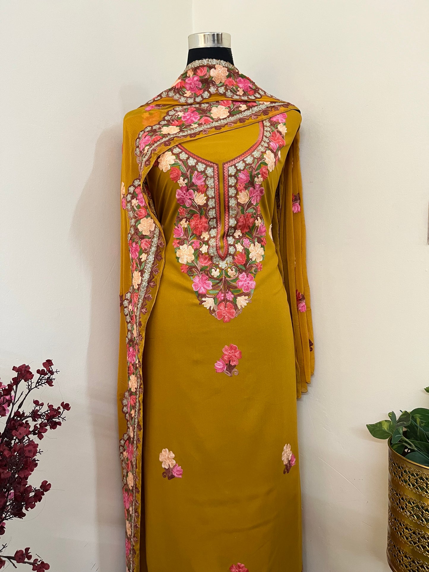 Mustard Yellow Rayon Cotton Kashmiri 3pc set