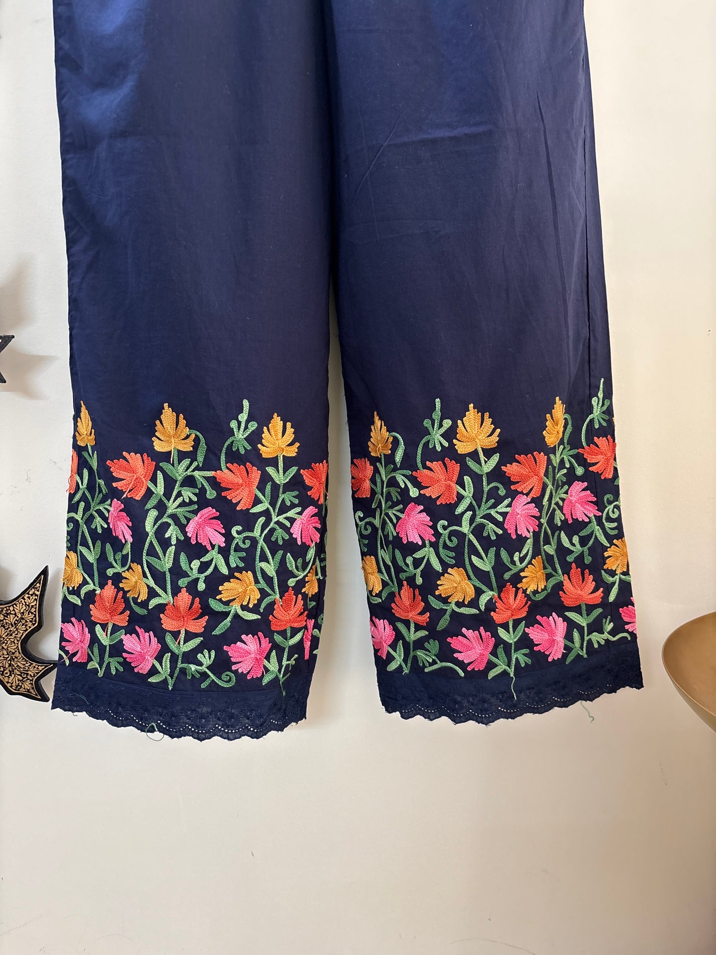 Women Navy Blue Hem Design Straight Aari Embroidered Palazzos ‘S’