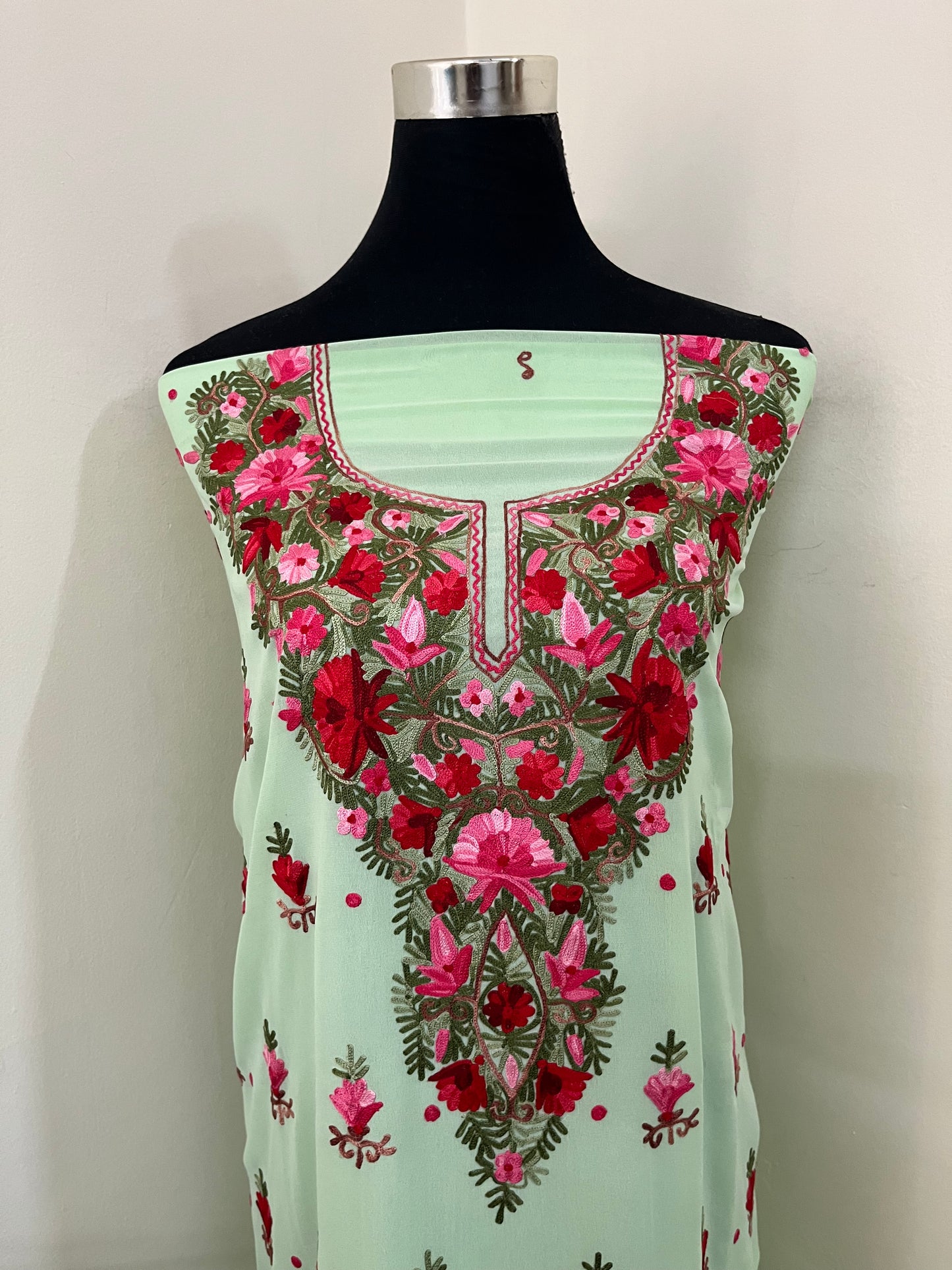 Tea Green Georgette Kashmiri Kurta Material