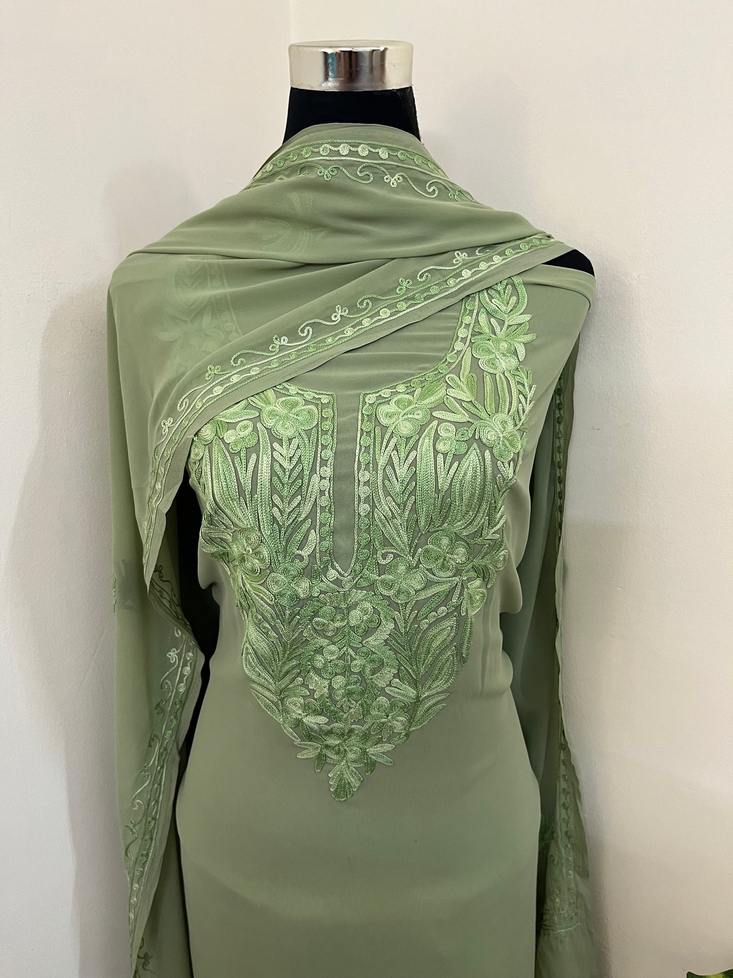 Tea green Georgette 3 Pc Aari Embroidered Suit Set