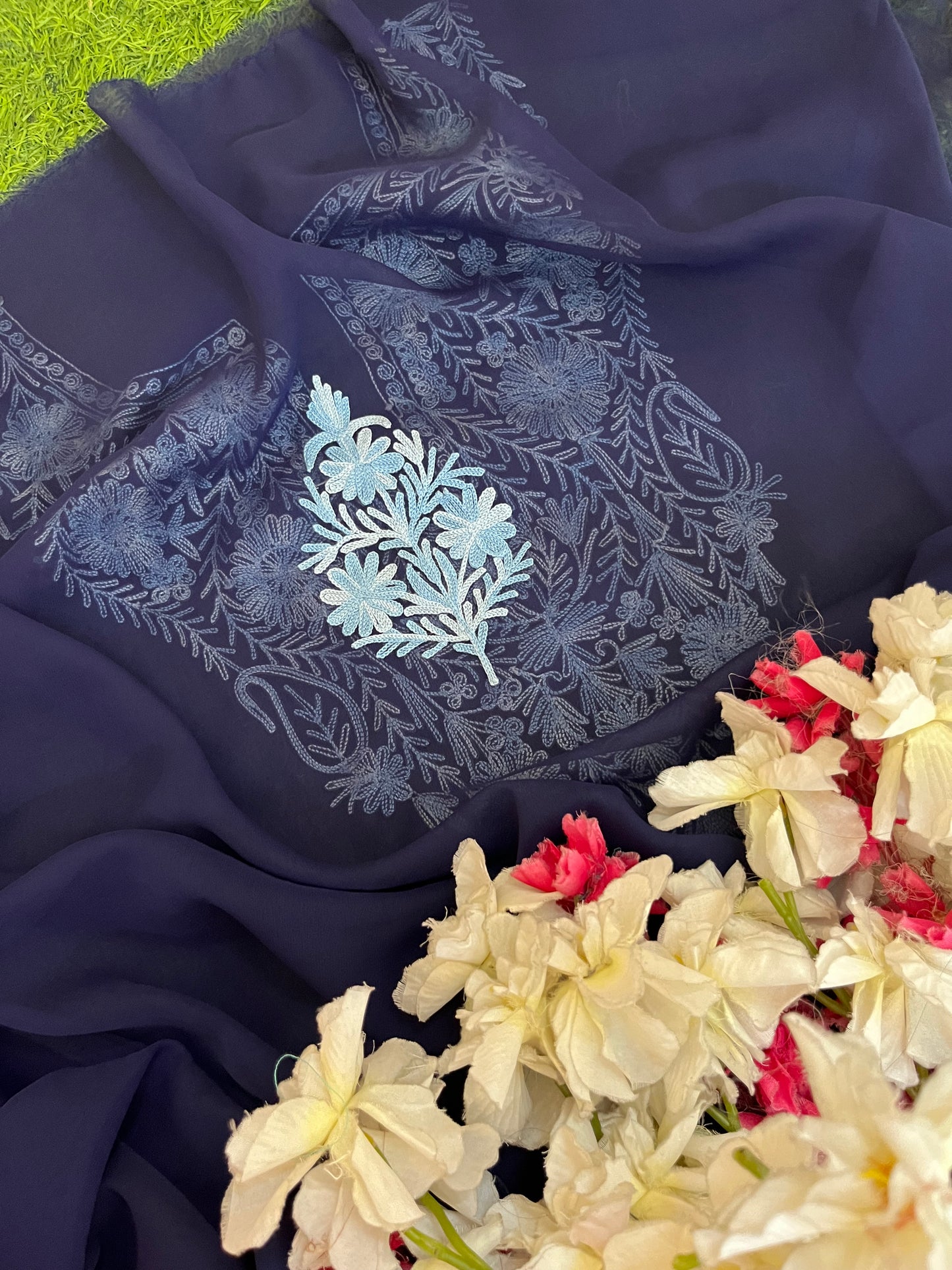 Navy blue Georgette 3 Pc Aari Embroidered Suit Set