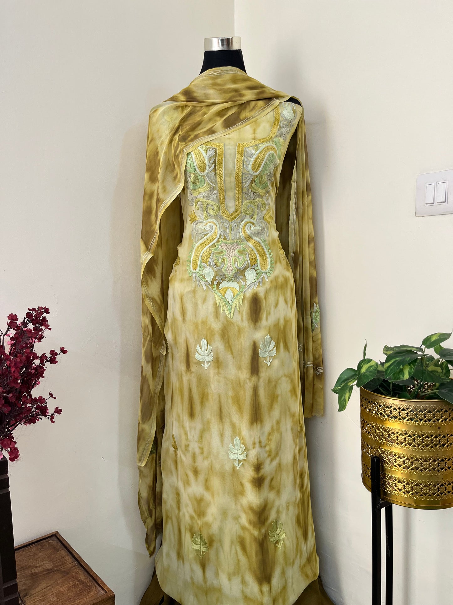 Lime Green Pure Georgette Ty Dy Kashmiri Suit