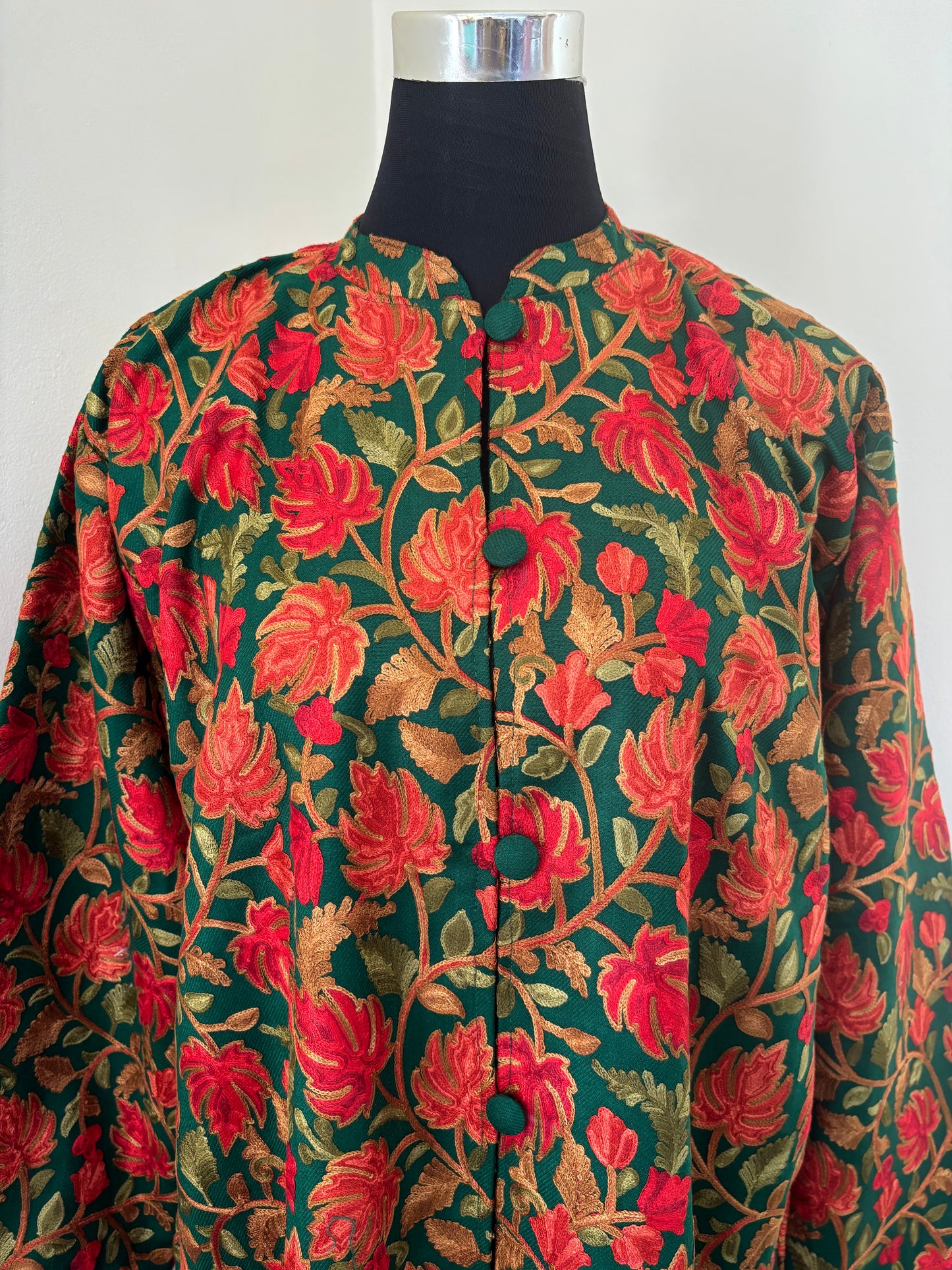 Bottle Green Aari Embroidered Pure Wool Jacket XXL