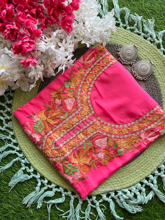 Pink Georgette Aari Embroidered Unstitched Kurta Material