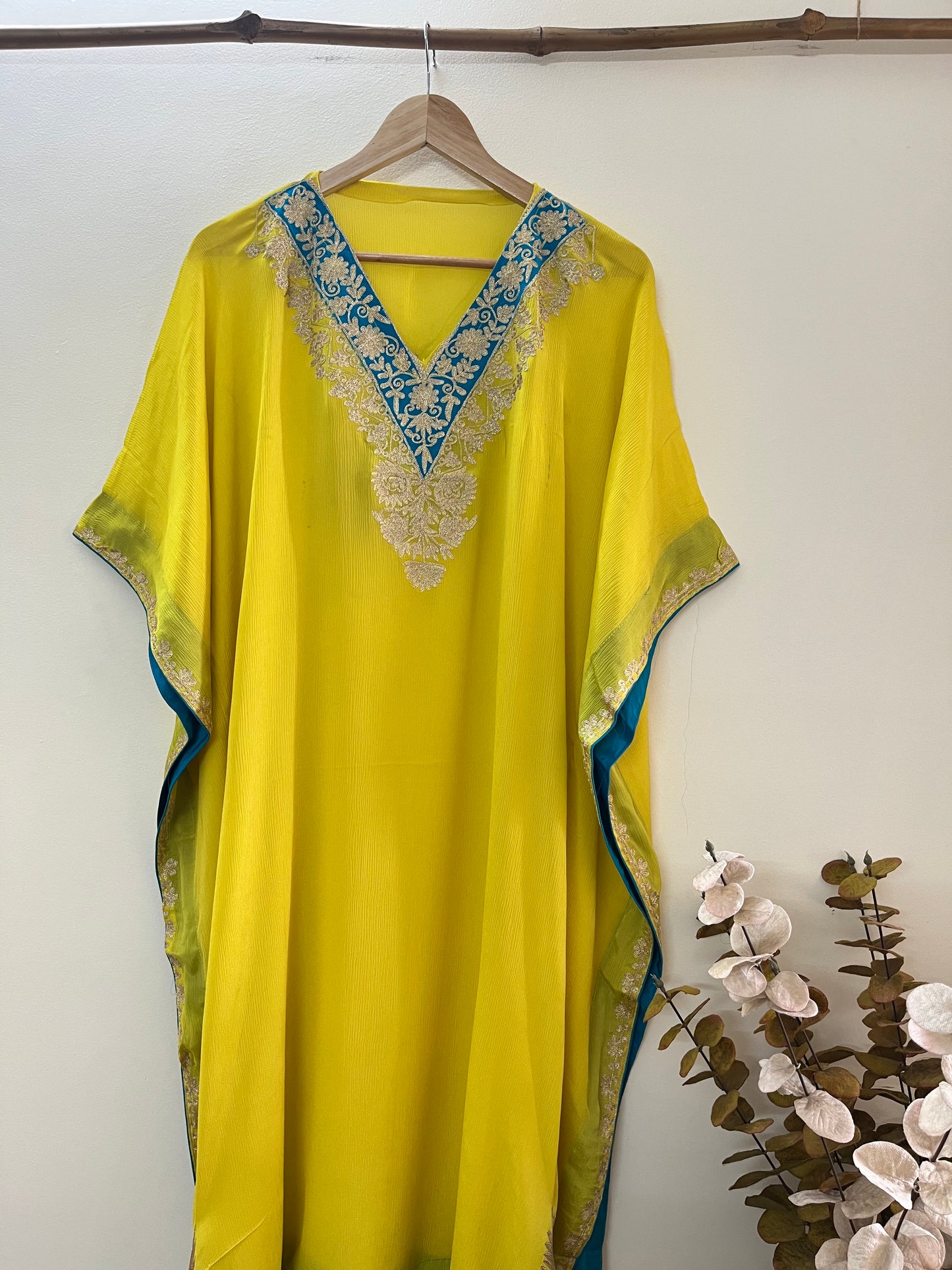 Golden Yellow Pure Chiffon Kashmiri Kaftan