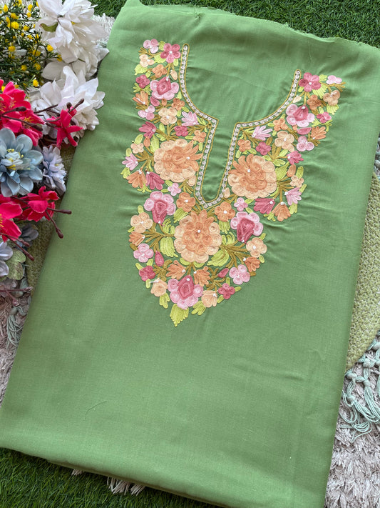 Pastel Green Aari Embroidered Cotton Suit Set