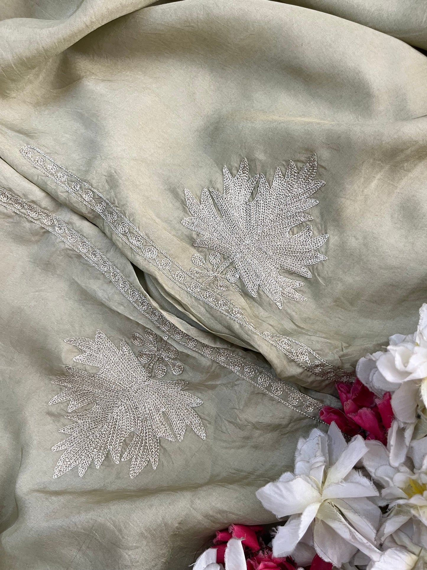 Sanam’ Pastel Green Tilla Embroidered Suit material