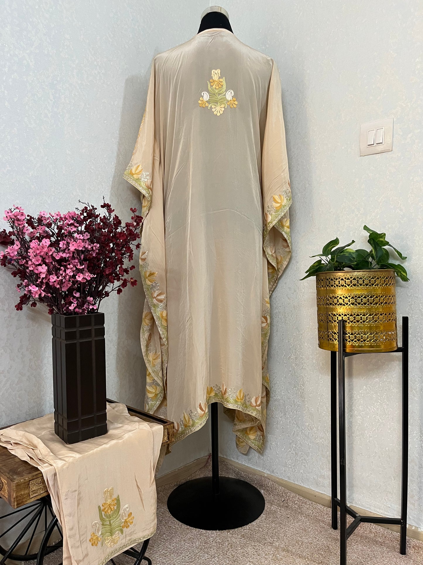 Beige Pure Crape Kashmiri Kaftan