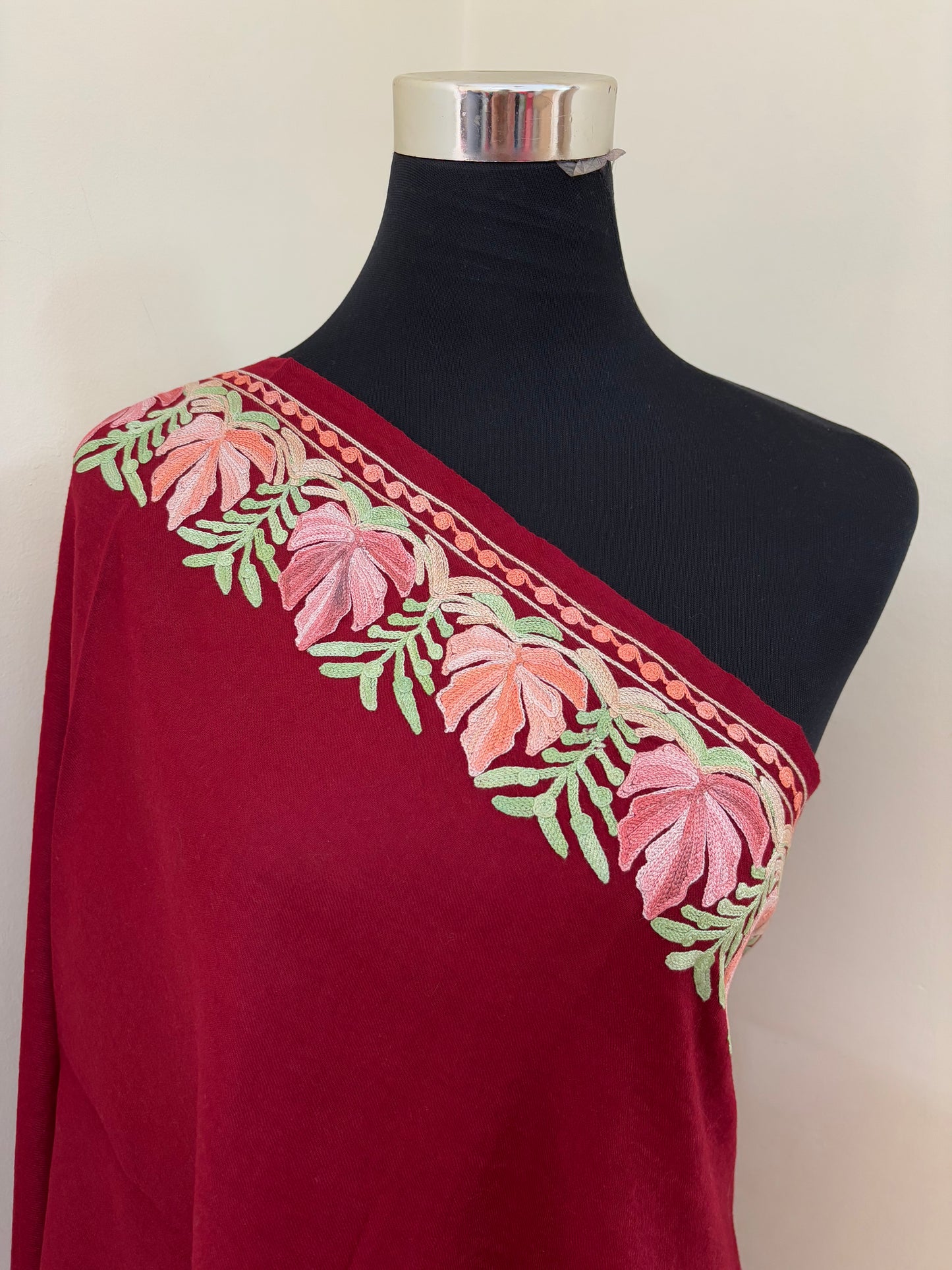 Maroon Fine Semi Pashmina Aari Embroidered stole