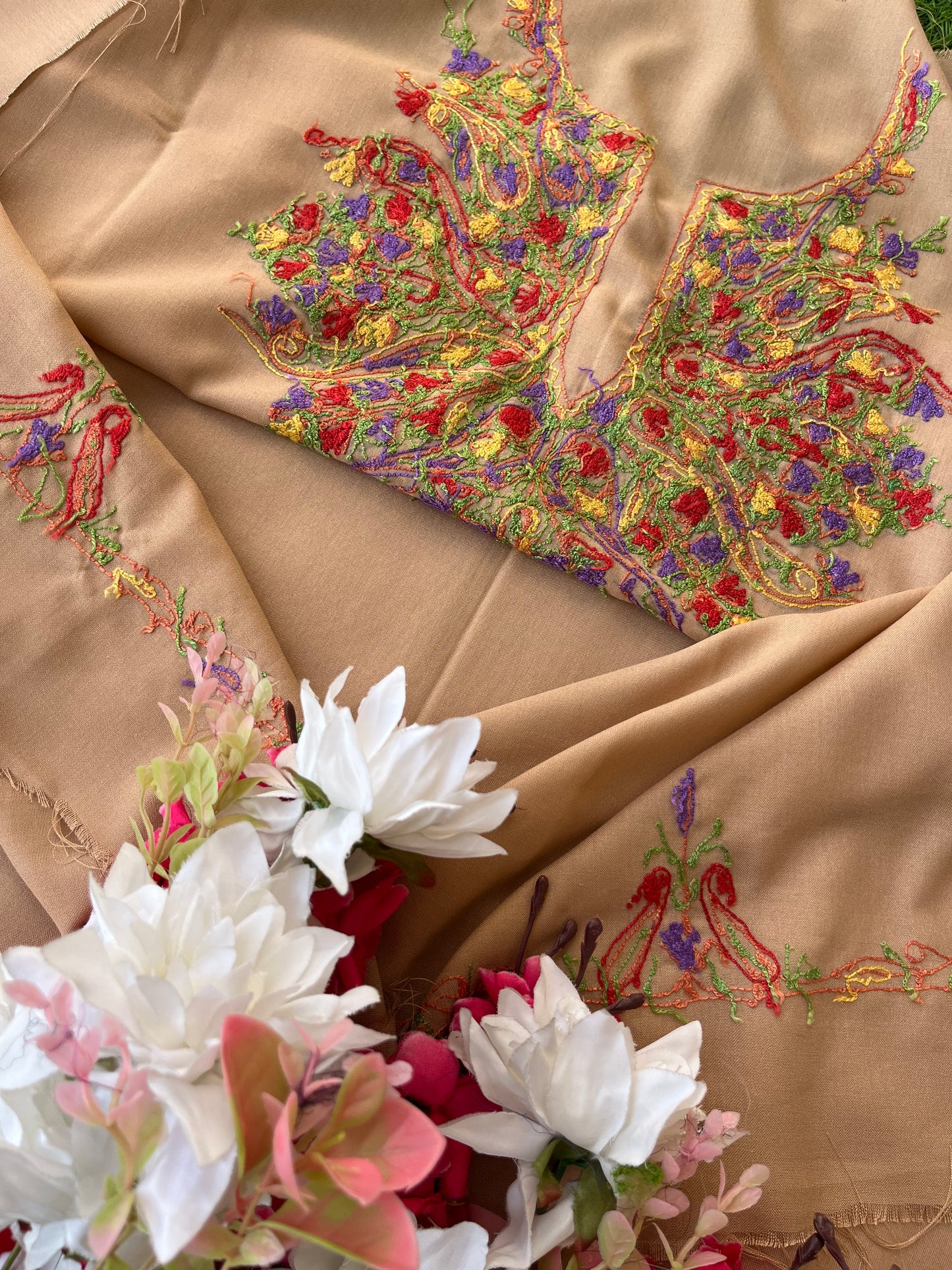 Beige Cotton Two Piece Suit (Hand Embroidered)