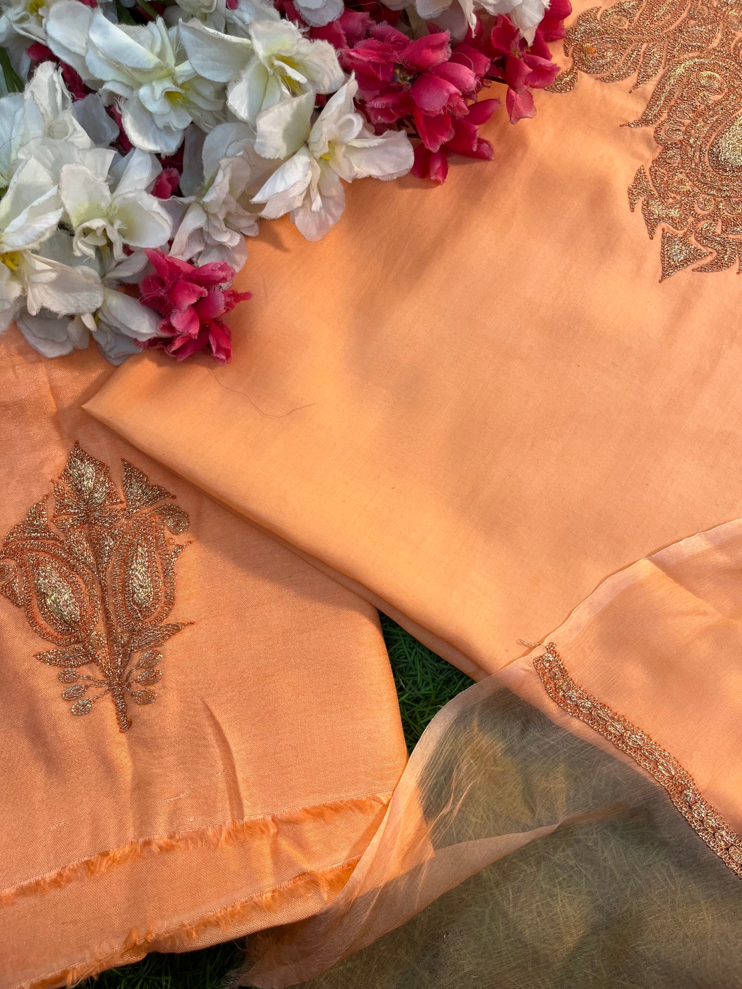 ‘Kalaa’ Peach Muslin Silk Tilla Embroidered Suit